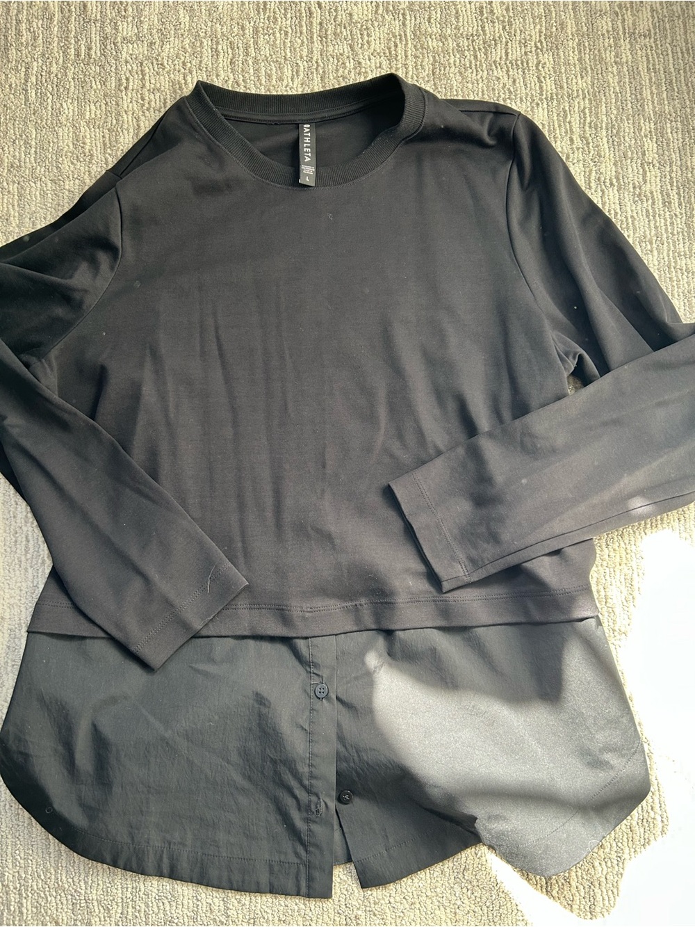 Athleta Black Layered-Hem Crewneck Long Sleeve Top
